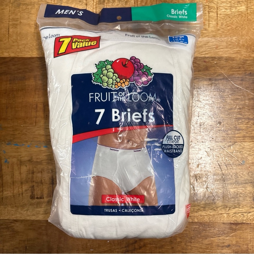 Men's 2009 Large 38-40 Fruit Of The Loom White Briefs Pack of 7 NEW